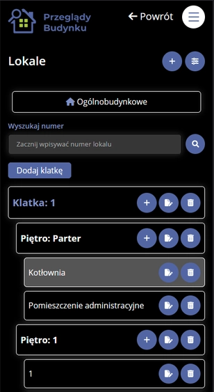 Aplikacja Przeglądy Budynku w wersji ciemnej